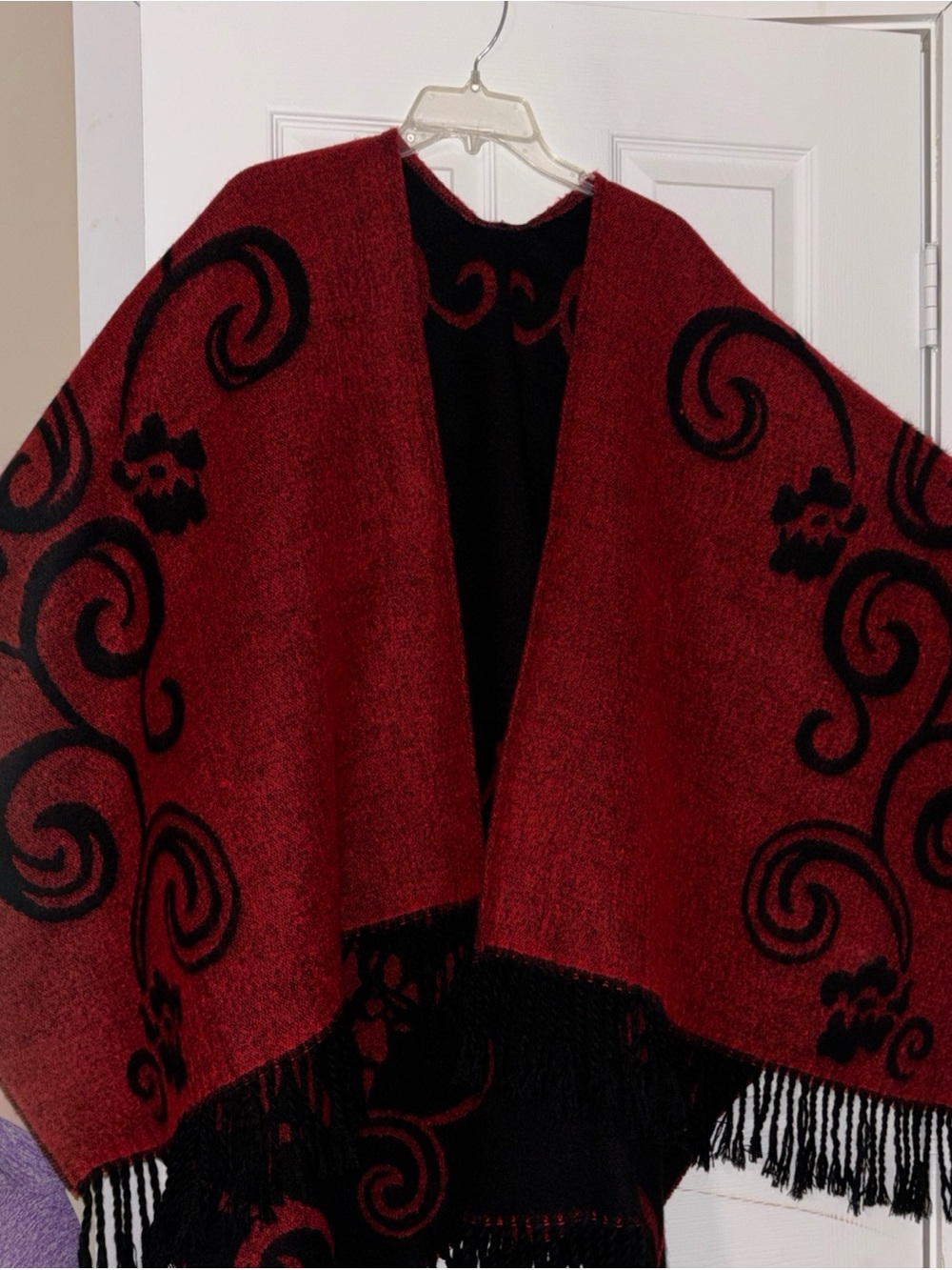 Shaw Red & Black Floral Fringe Wrap Shawl one size cozy soft reversible